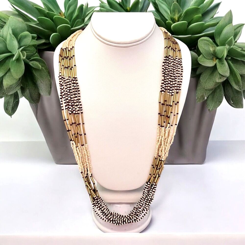 New Multi-strand Beaded Necklace Cream Brown Glass Beads Boho Statement - 13R